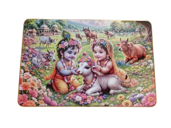 Techgifti Krishna And Radha Cow Sajavat Wall Poster With Bubble Crystal For Pooja Room, Kids Room, Office (12x18)in