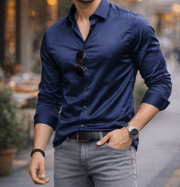 Men’s Navy Blue Satin Plain Shirt – Premium Fabric | Smooth And Shiny Finish