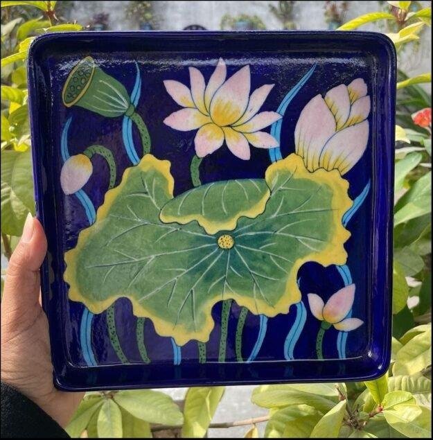 Handmade Jaipur Blue Pottery Hand-Painted Lotus Tray ( size 10")