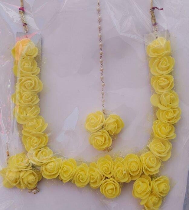Artificial yellow flower jewellery set, Use for a Haldi or Mehndi ceremony