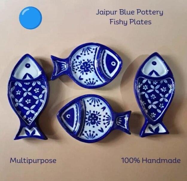 Jaipur Blue Pottery Fish-Shaped Plates (Set of 4) – Handcrafted Decorative & amp; Multipurpose