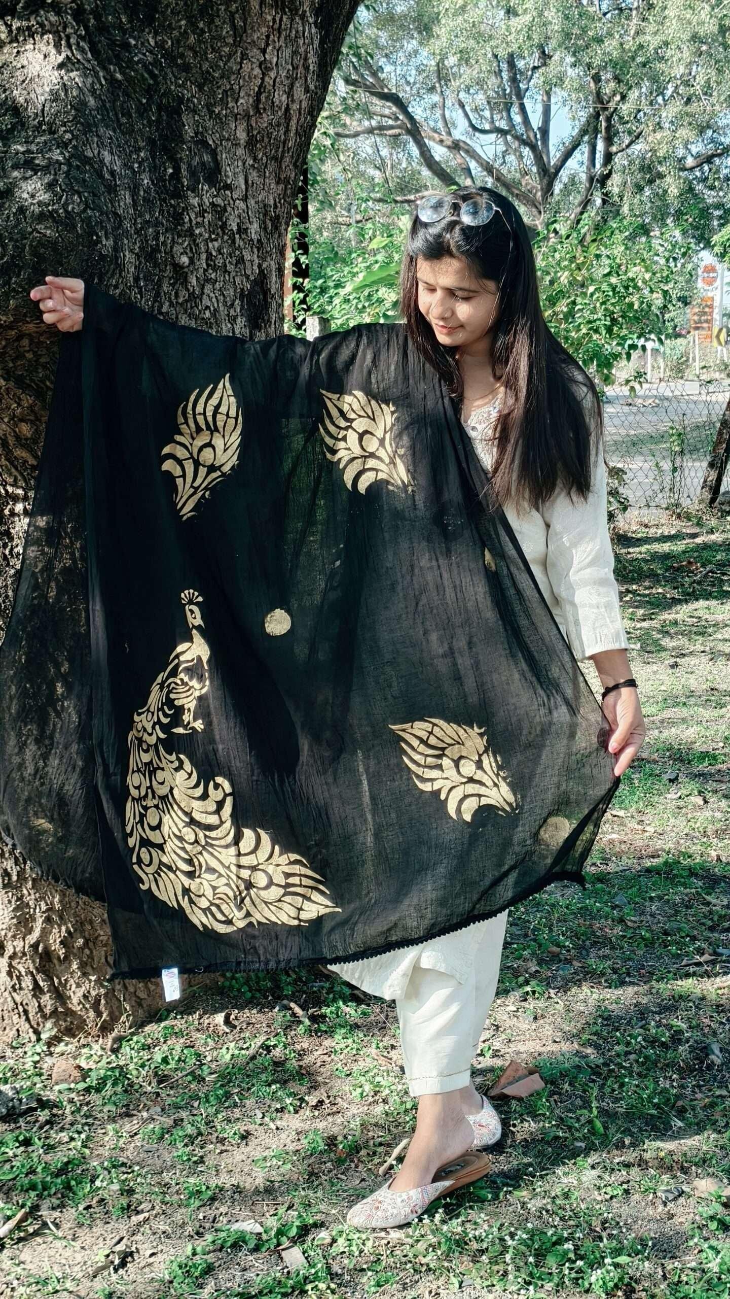 Cotton Hand Painting Dupatta Peacock Golden Colour Design