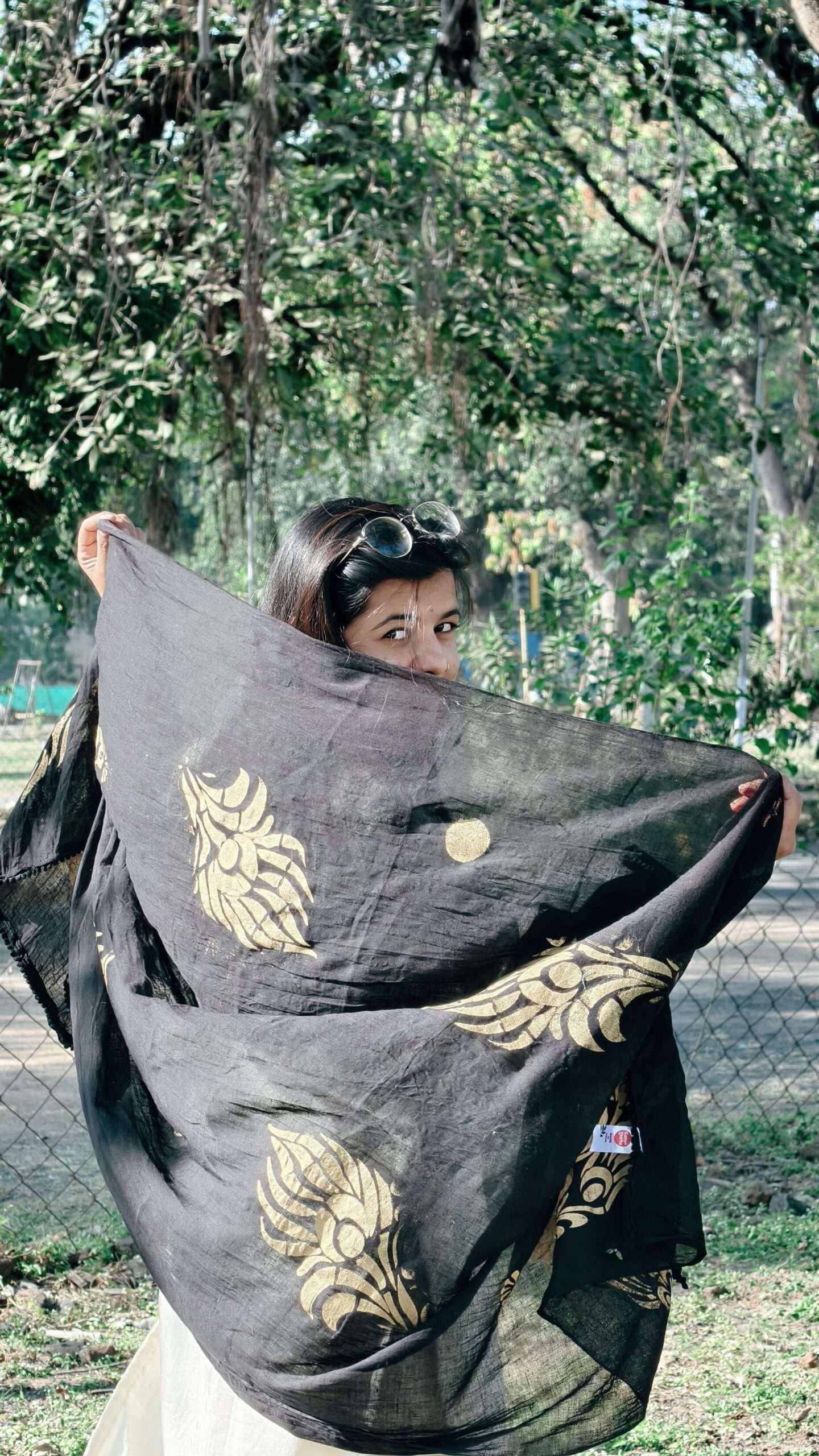 Cotton Hand Painting Dupatta Peacock Golden Colour Design