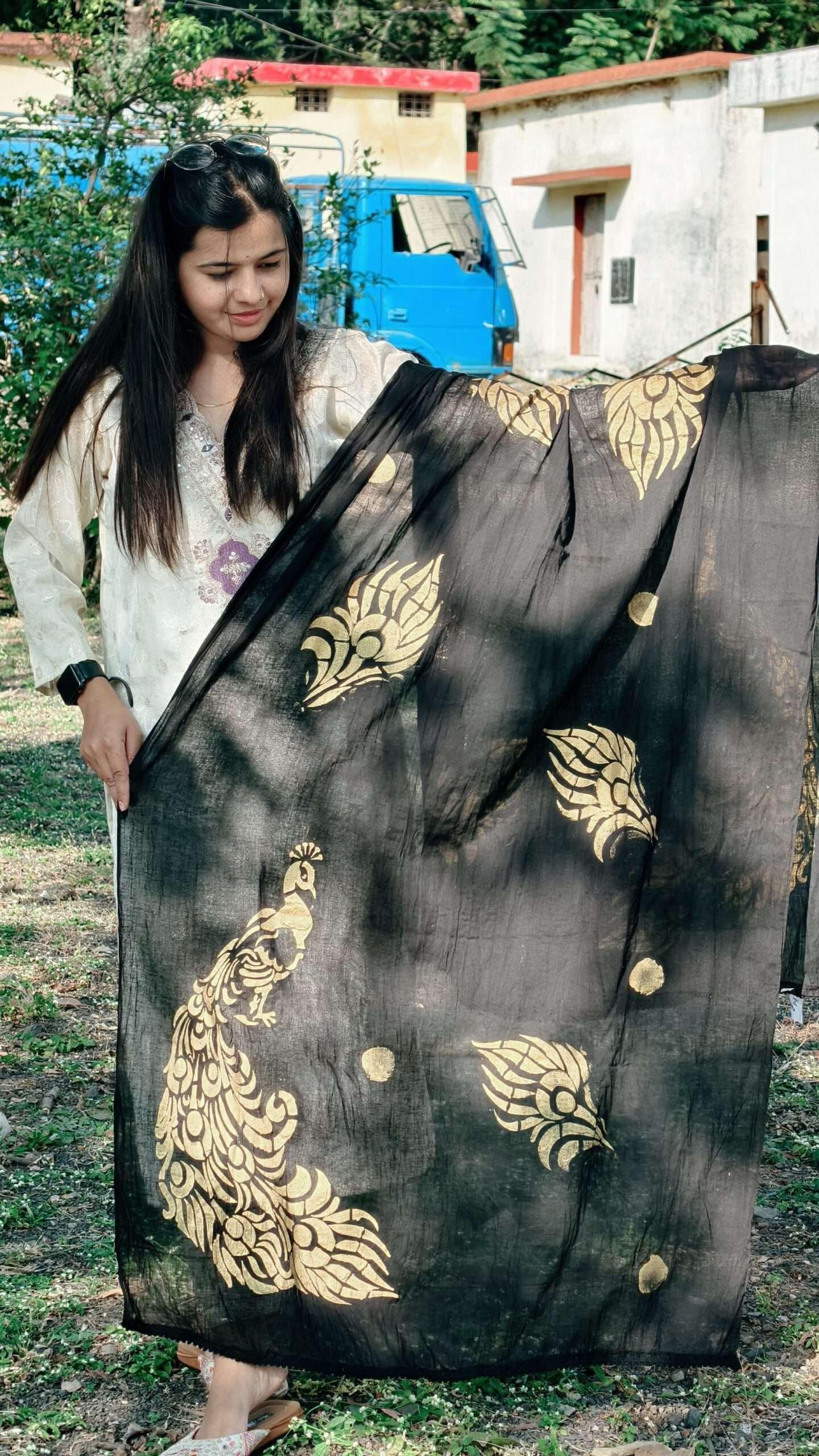 Cotton Hand Painting Dupatta Peacock Golden Colour Design