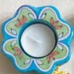 Handmade Blue Pottery Floral Tealight Candle Stand (pack of 6)
