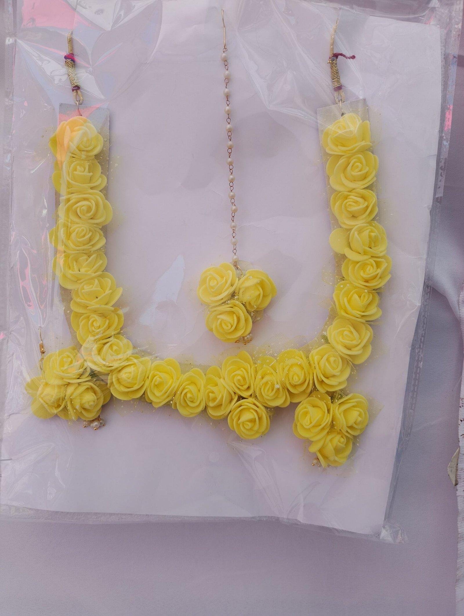 Artificial yellow flower jewellery set, Use for a Haldi or Mehndi ceremony