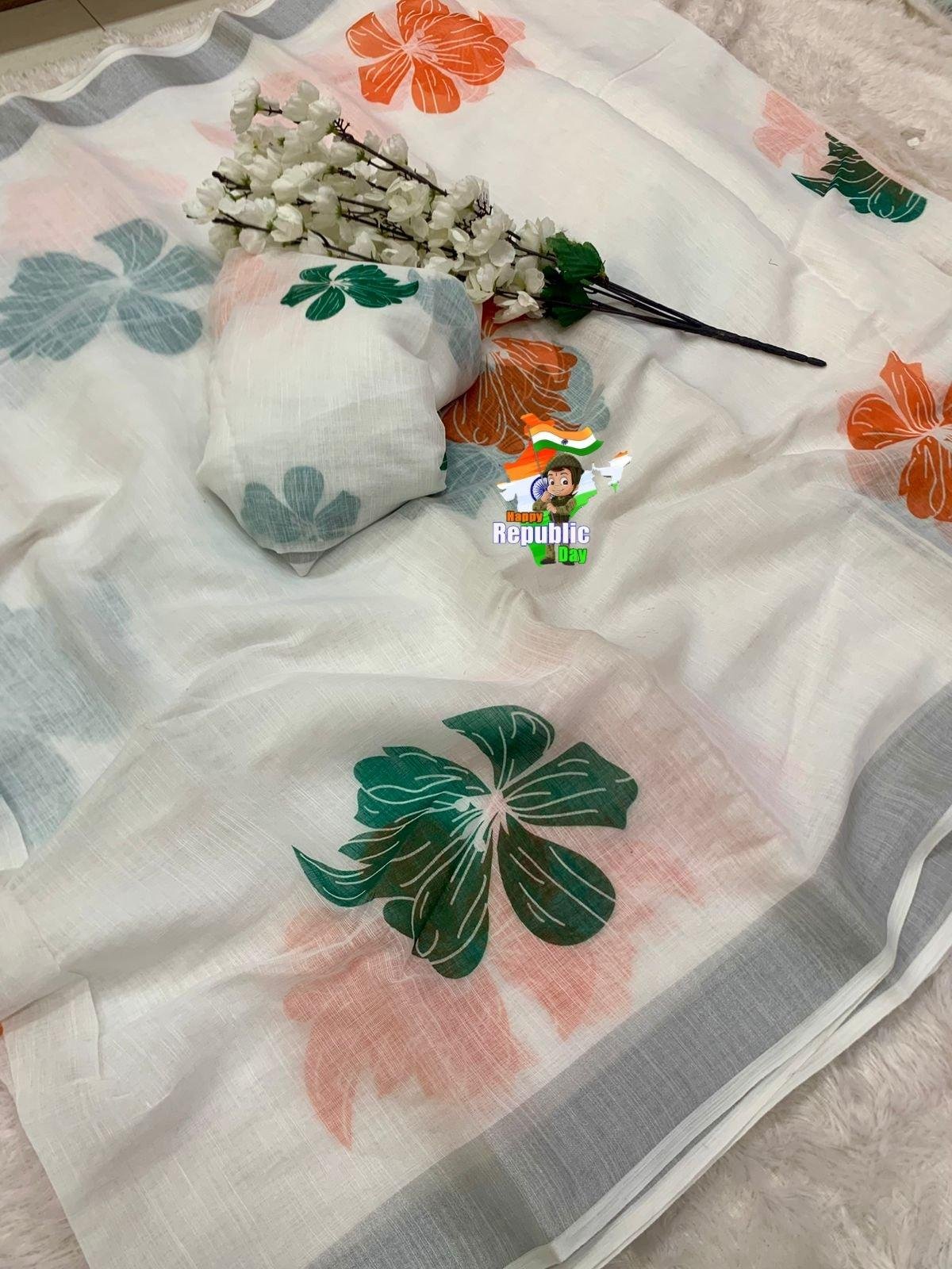 Lightweight Tricolor Tiranga Saree for Independence/Republic Day | Linen silver Patta digital print saree | Tiranga Saree (Tricolour Saree)