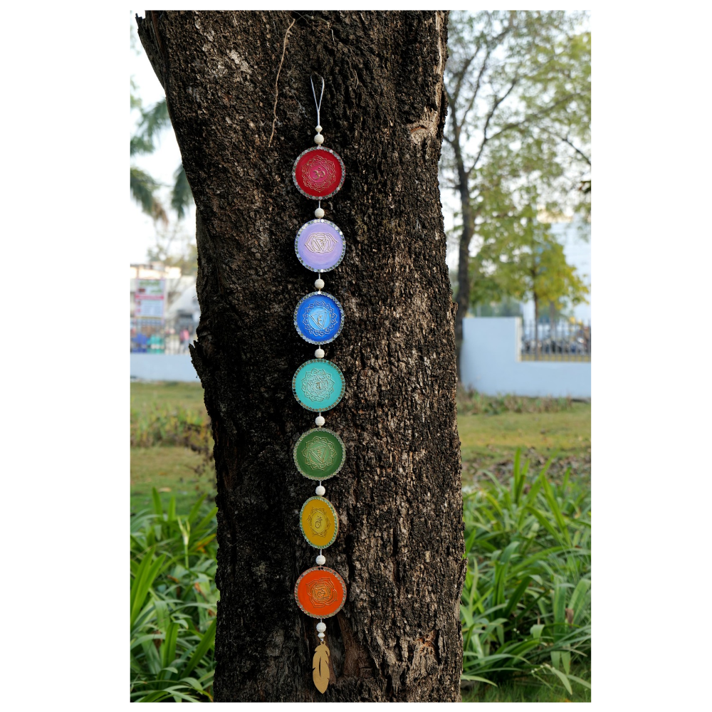 Chakras Handmade Wall Hanging with Mirror Art and Spiritual Home Decor (42 inch)