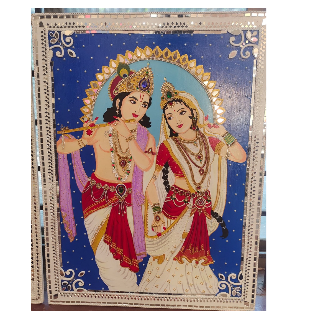 Handmade Radha Krishna Wall Painting with Mirror Art (24"×18")