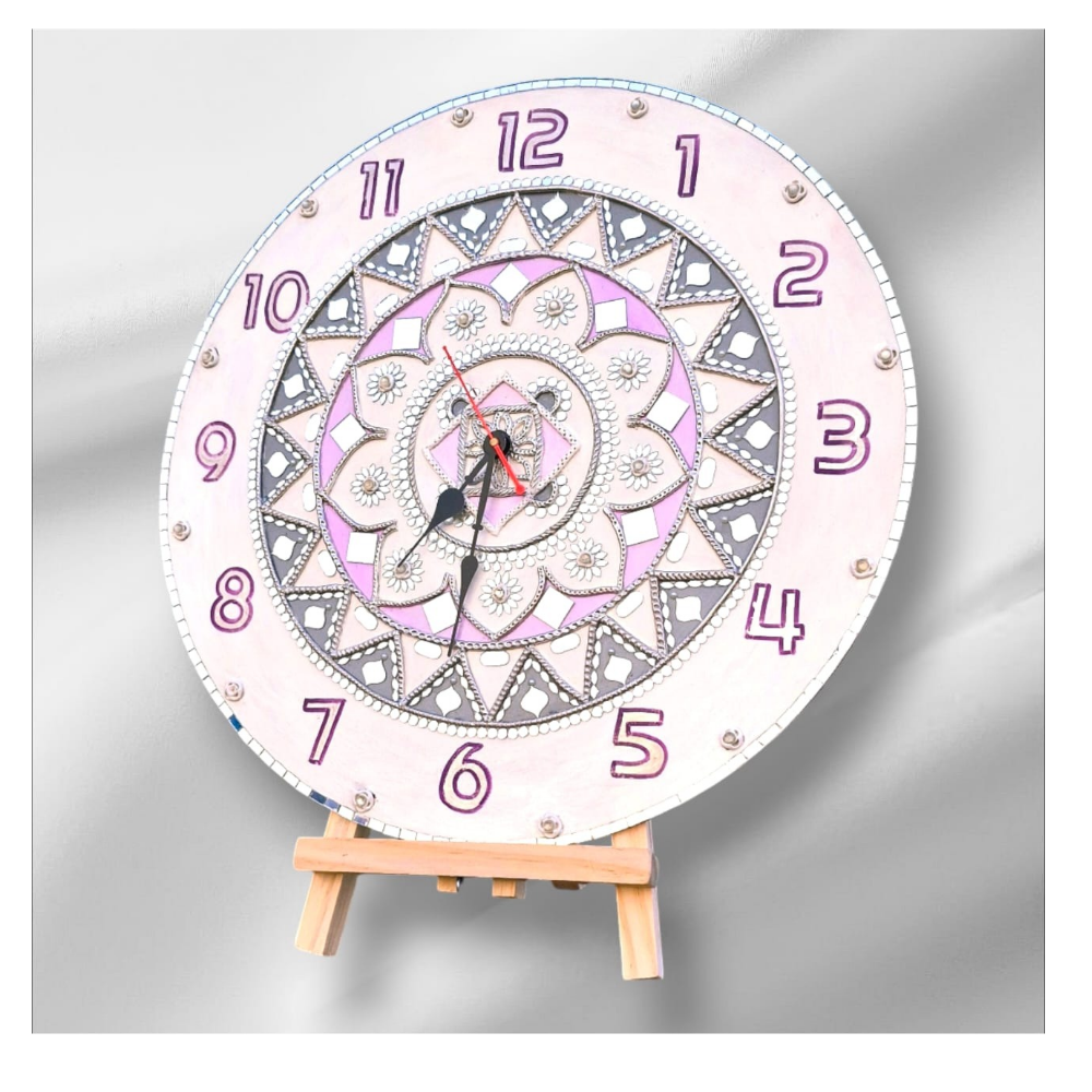 Handmade Lippan Art Wall Clock with Mirror – Traditional Mud and Mirror Work Decor (12 inch)