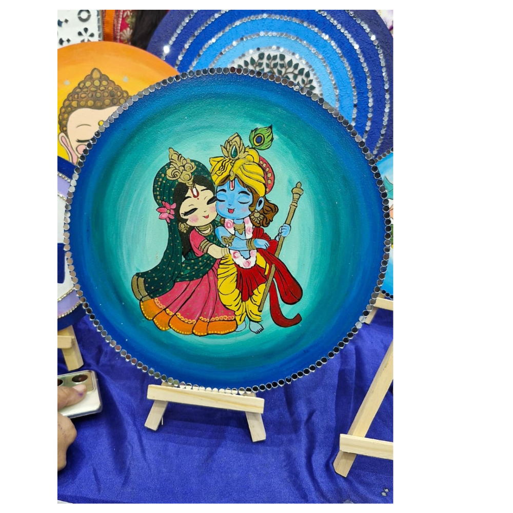 Handmade Radha Krishna Mirror Wall Painting (12 inch)