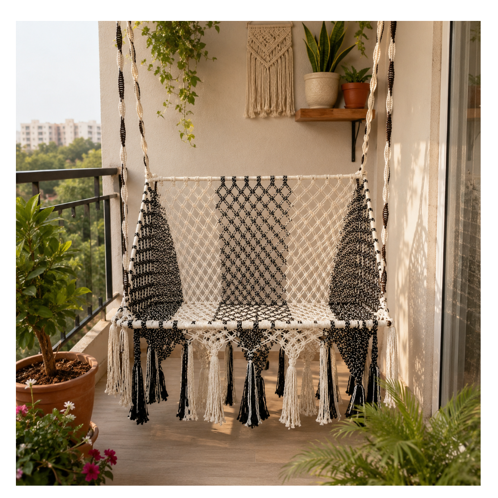 Elegant Black And White Macramé Swing Chair for Balcony And Home Decor