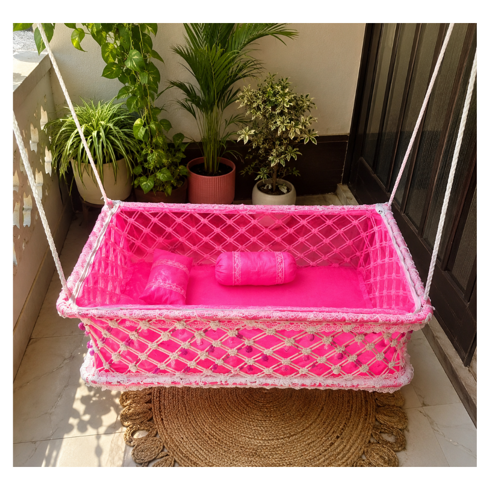 Handmade Pink Macrame Baby Swing Cradle for Balcony And Home Decor