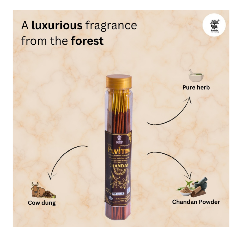 Aushdha Natural Chandan Cow Dung Incense Sticks And Herbal Premium Dhoop Batti