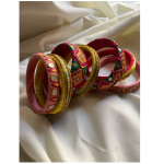 Handcrafted Rajasthani Silk Thread Bangle Set , Pink And Green Embroidered Bangles And Bridal And Festive Wear (pack of 7)
